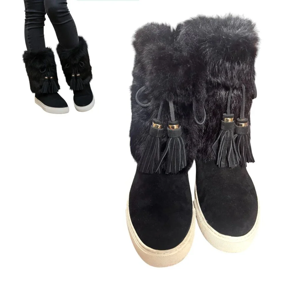 TORY BURCH‎ GENUINE FUR SNOW BUNNY TASSEL SUEDE BLACK BOOTS SIZE 7 EUC